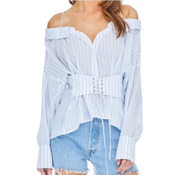 Astr Blue Striped Off-Shoulder Top - Picture 1 of 12